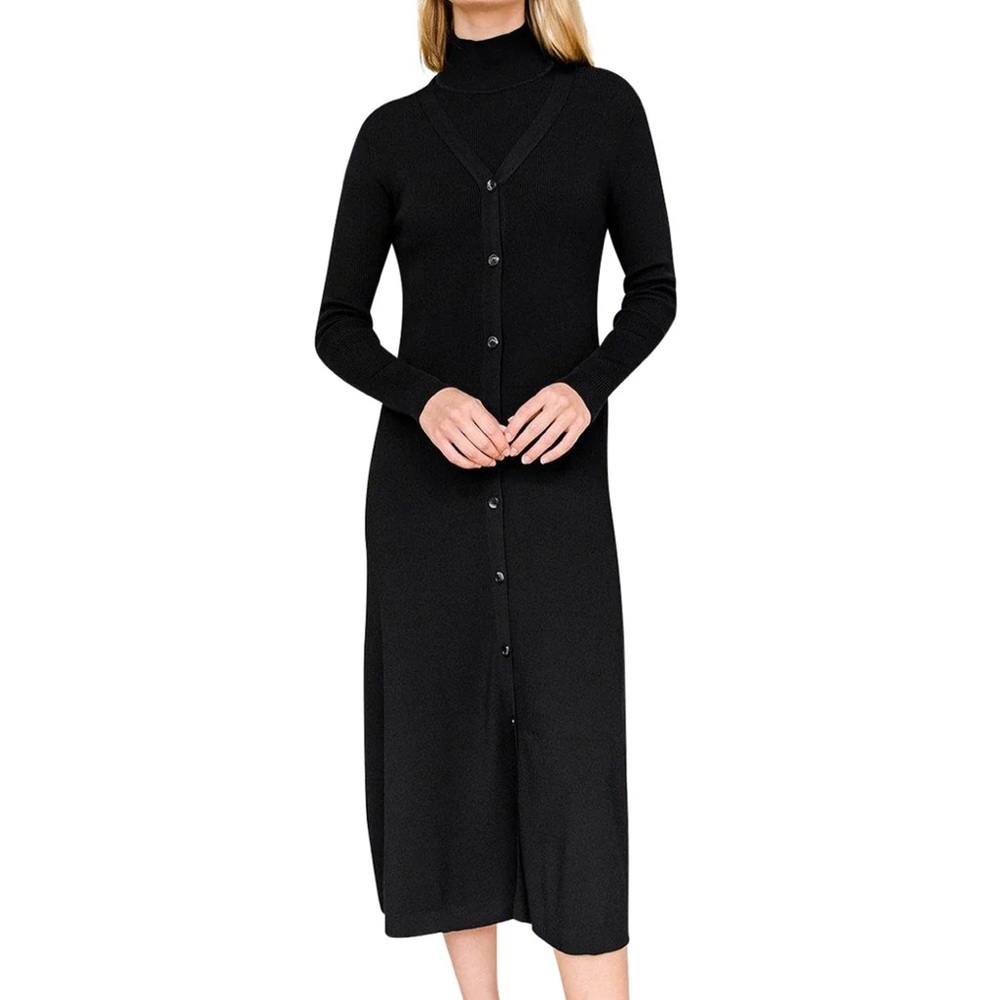 Elegant Black Turtleneck Button-Down Dress